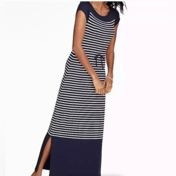 TALBOTS Sz M Navy and White Striped Cap Sleeve Drawstring Maxi Dress Side Slit - Picture 1 of 11
